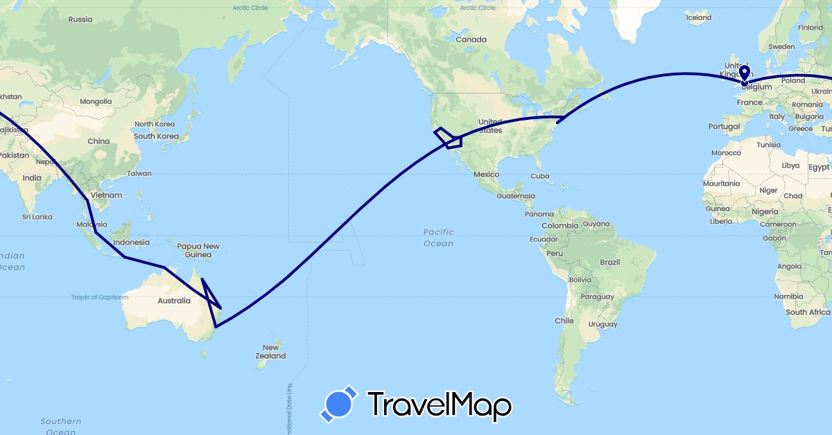TravelMap itinerary: driving in Australia, Fiji, United Kingdom, Indonesia, Singapore, Thailand, United States (Asia, Europe, North America, Oceania)